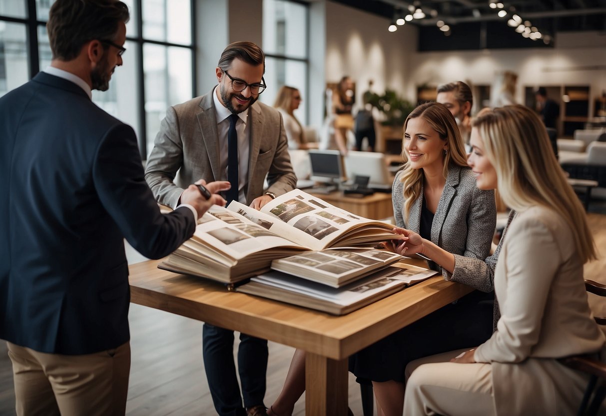 A group of people browsing through a catalog of charter furniture, pointing and discussing various items with a sales representative