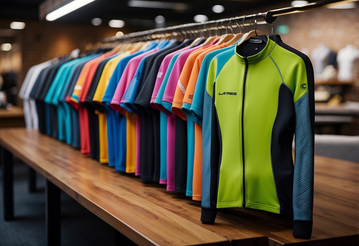 A table with various lightweight diving apparel such as wetsuits, rash guards, and swim shirts. The materials are sleek and quick-drying, with vibrant colors and patterns