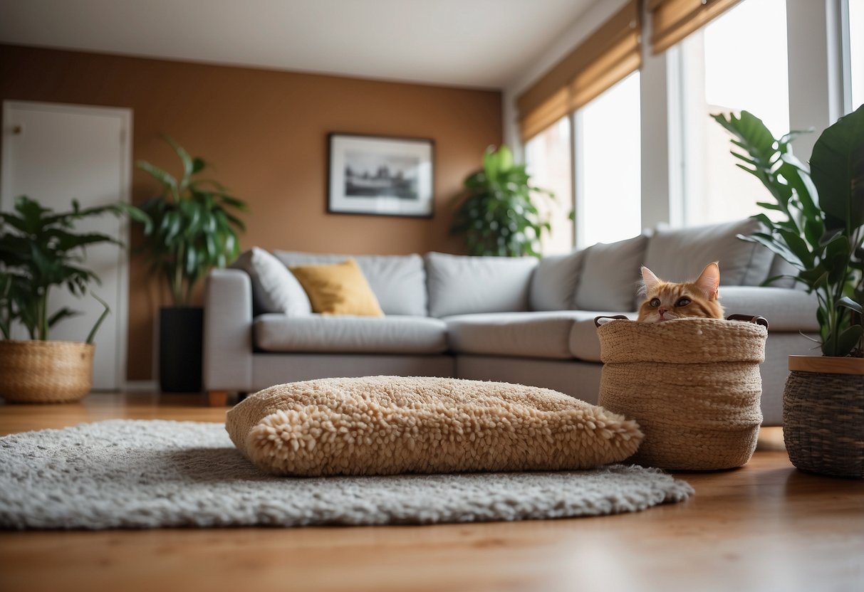 A cat-proofed living room with covered furniture, scratching posts, and deterrent sprays. No visible damage or signs of cat activity