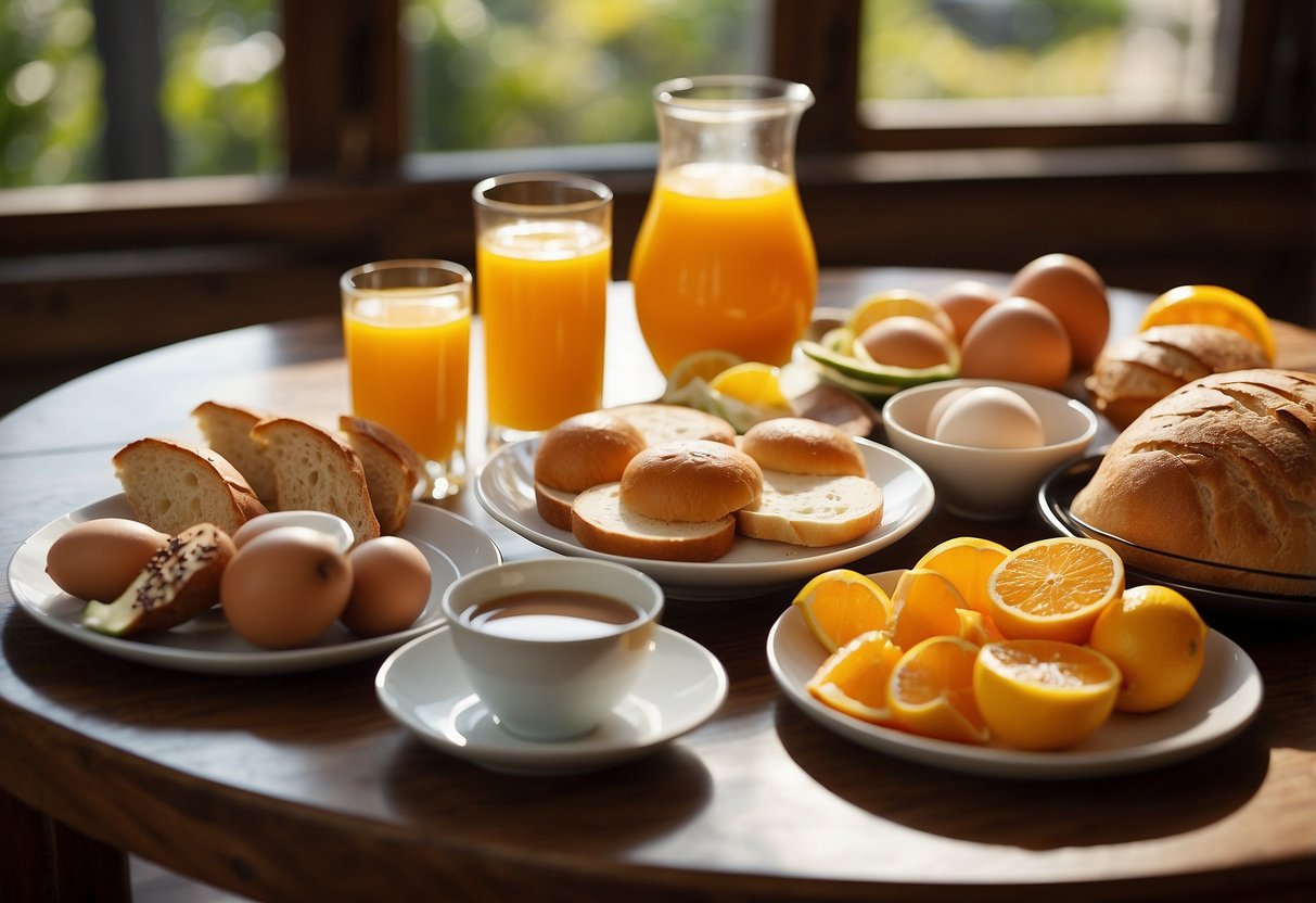 A table set with a variety of breakfast foods, including fruits, eggs, toast, and yogurt. A glass of orange juice and a cup of coffee sit next to the plate