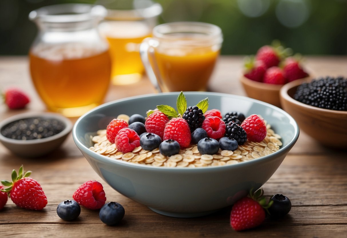 A bowl of oatmeal topped with vibrant, fresh berries sits on a wooden table, surrounded by a scattering of chia seeds and a drizzle of honey, with a spoon resting beside it