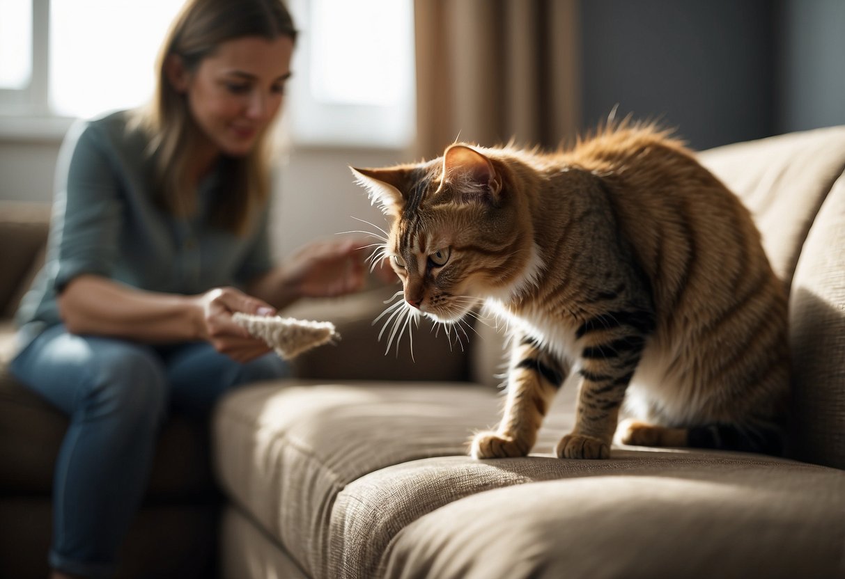 A cat scratching a sofa, while a person applies protective coverings to furniture legs