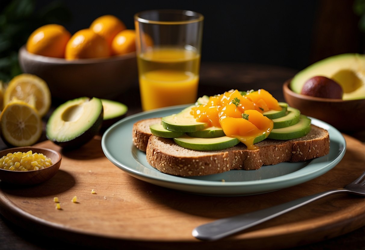 A plate with whole grain toast topped with avocado, surrounded by a spread of colorful fruits and a glass of orange juice