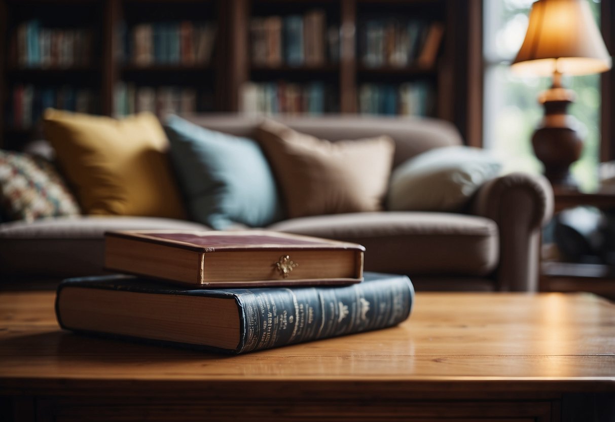 A cozy living room with a vintage sofa, a rustic wooden coffee table, and a bookshelf filled with classic novels