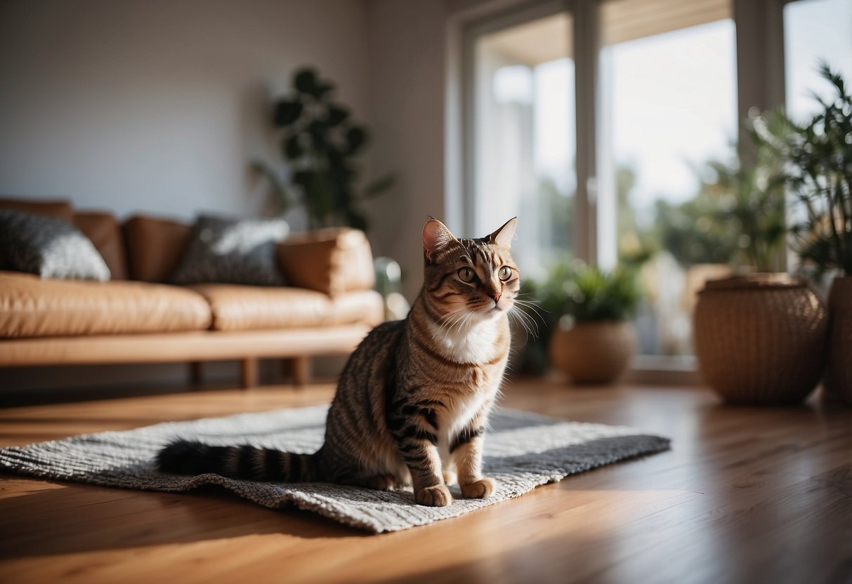A cat-proofed living room with covered and reinforced furniture, scratch posts, and deterrent sprays