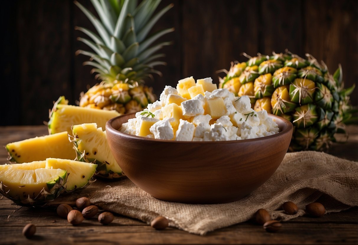 A bowl of cottage cheese with chunks of fresh pineapple sits on a rustic wooden table, surrounded by a spread of colorful fruits and a steaming cup of coffee