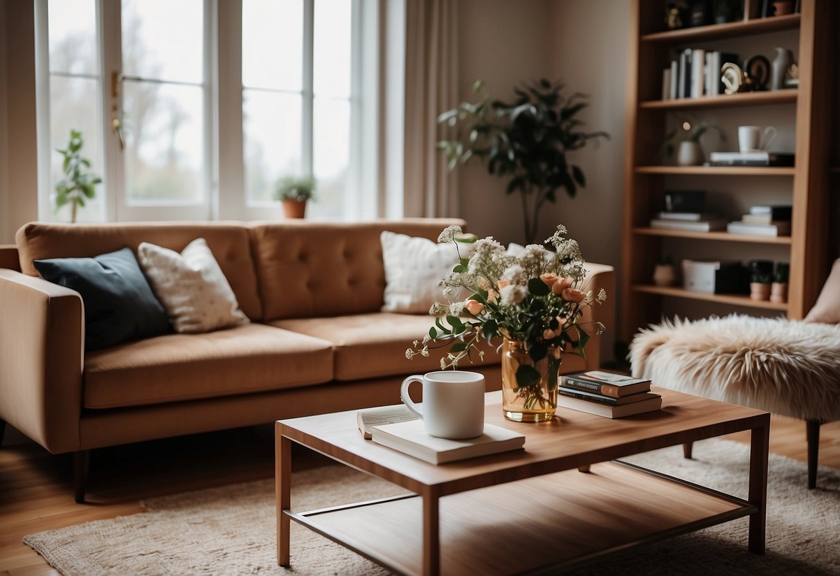 A cozy living room with a mix of modern and vintage furniture, including a plush sofa, a sleek coffee table, and a stylish bookshelf