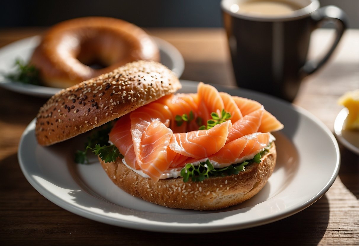 A whole grain bagel topped with smoked salmon, sitting on a plate next to a cup of coffee. The morning sunlight streams through a window, casting a warm glow on the breakfast spread