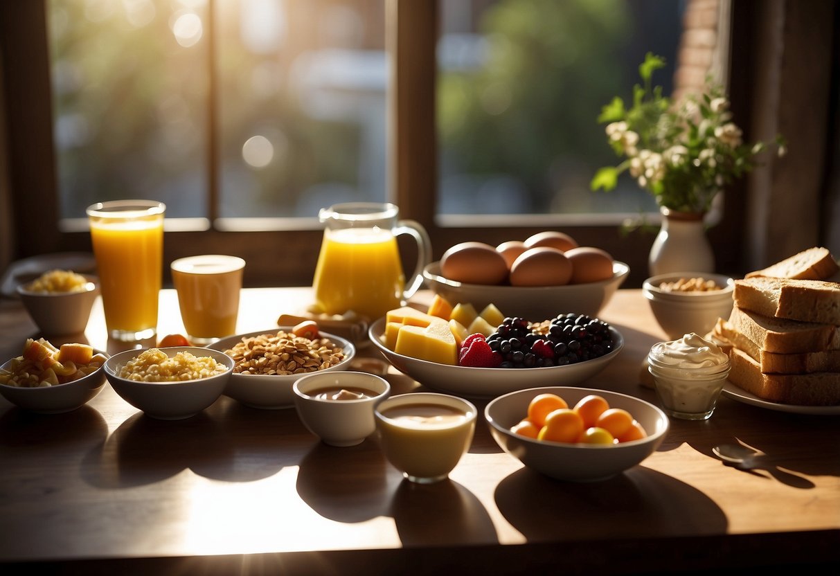 A table set with a variety of breakfast items: eggs, fruit, yogurt, granola, and coffee. Sunlight streams through a window, casting a warm glow on the spread