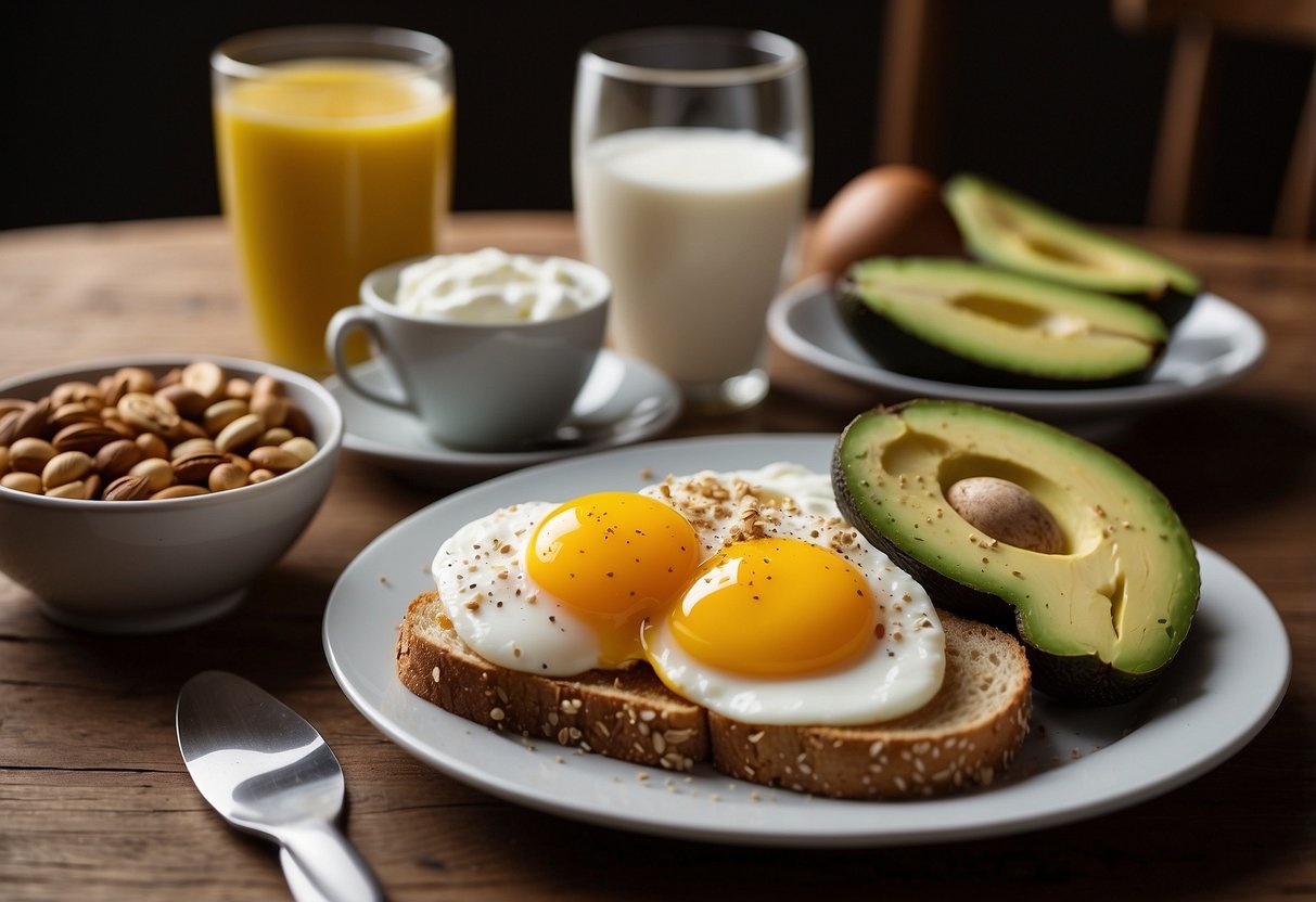 A table set with a variety of nutrient-rich foods: eggs, whole grain toast, avocado, fruit, yogurt, and nuts. A glass of water and a cup of coffee sit next to the plate