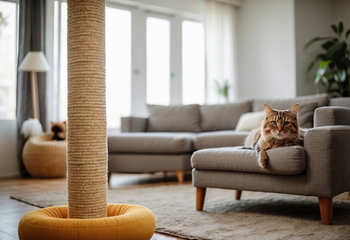 A living room with a cozy sofa and armchair, both covered in durable, scratch-resistant fabric. A tall scratching post stands nearby, with a variety of cat toys scattered around the room