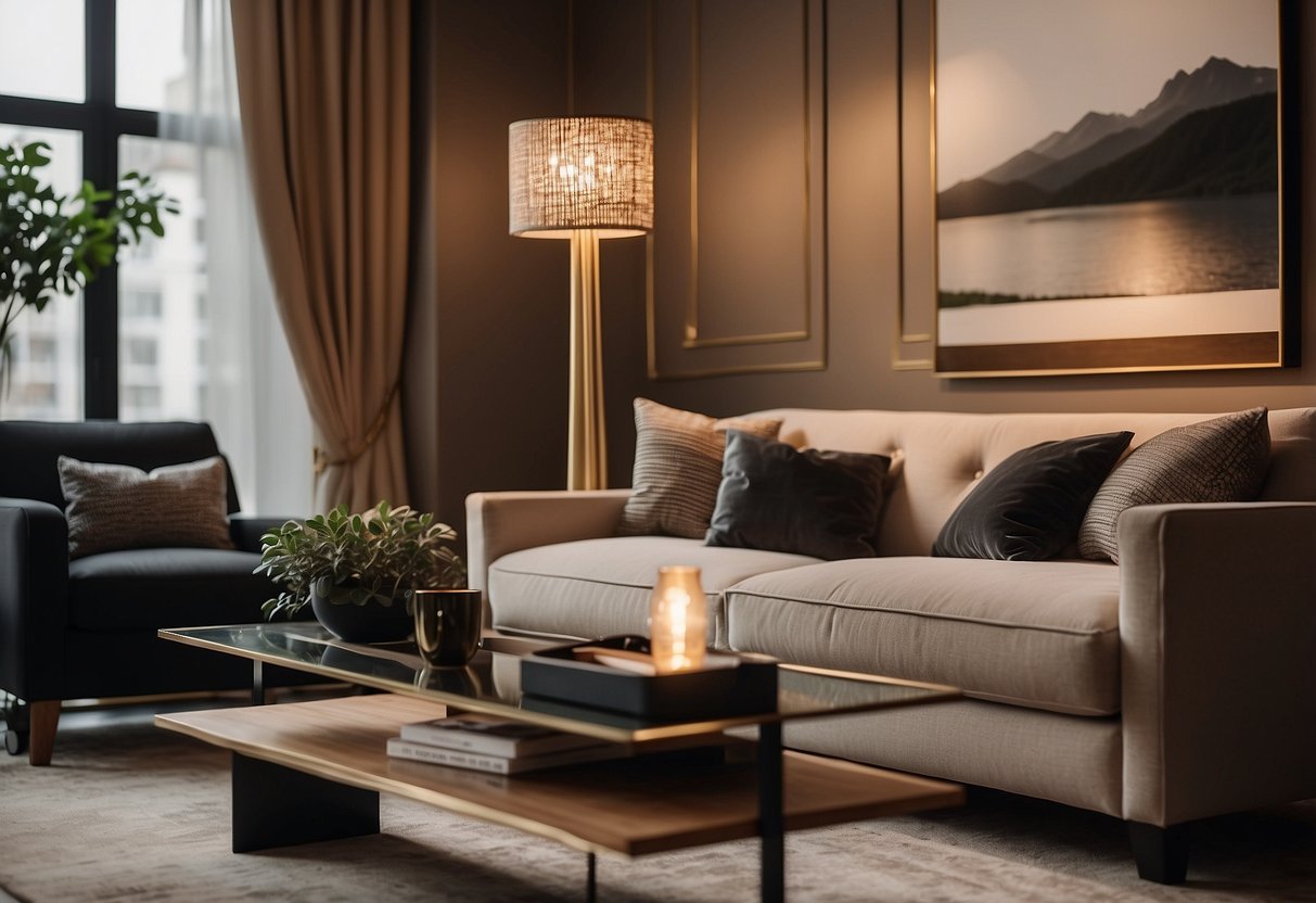 A cozy living room with a plush sofa, elegant coffee table, and stylish lamps. The warm color scheme and inviting atmosphere make Chaplin's furniture the perfect choice