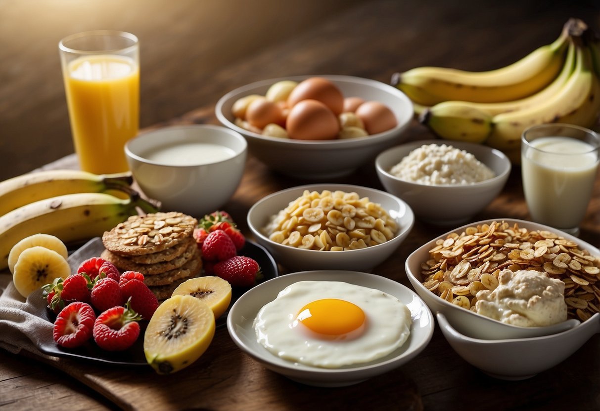 A table with various breakfast foods: bananas, oatmeal, yogurt, and eggs. Avoided foods like greasy bacon and heavy pastries are crossed out