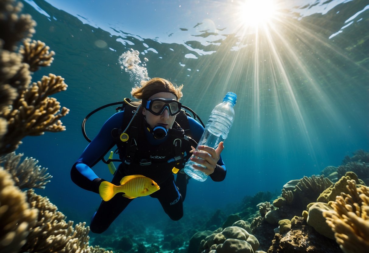 A diver surrounded by clear blue water, holding a reusable water bottle. Sunlight filters through the waves, illuminating colorful fish and coral