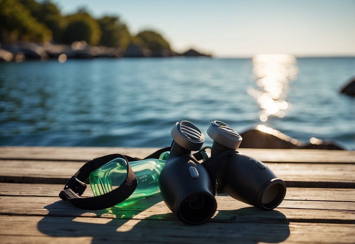 A scuba diver's water bottle sits next to a diving mask and flippers on a sunlit dock. Waves gently lap against the wooden planks, creating a serene atmosphere