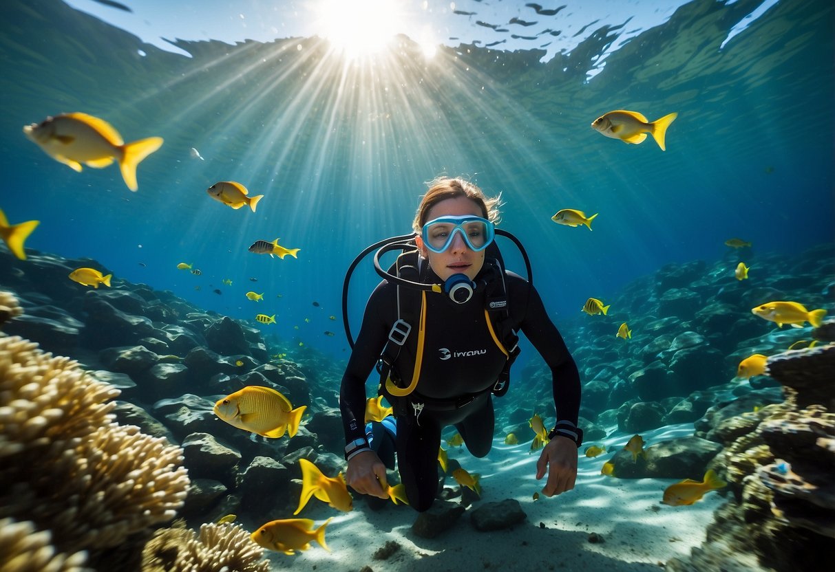 A diver wearing a hydration pack, surrounded by clear blue water, with colorful fish swimming around. Sunlight filters through the water, creating a serene and peaceful underwater scene