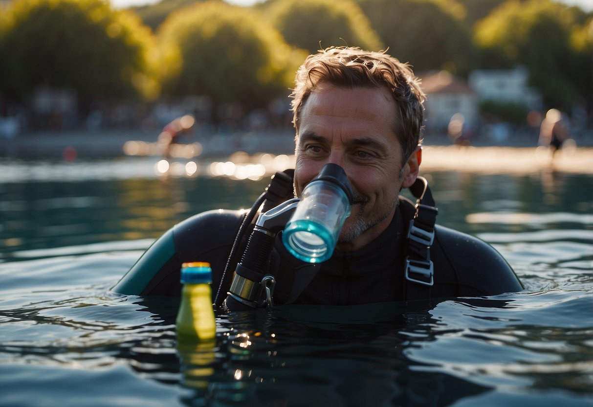 A diver pauses to drink water from a reusable bottle. The sun shines above the ocean surface, and colorful fish swim by