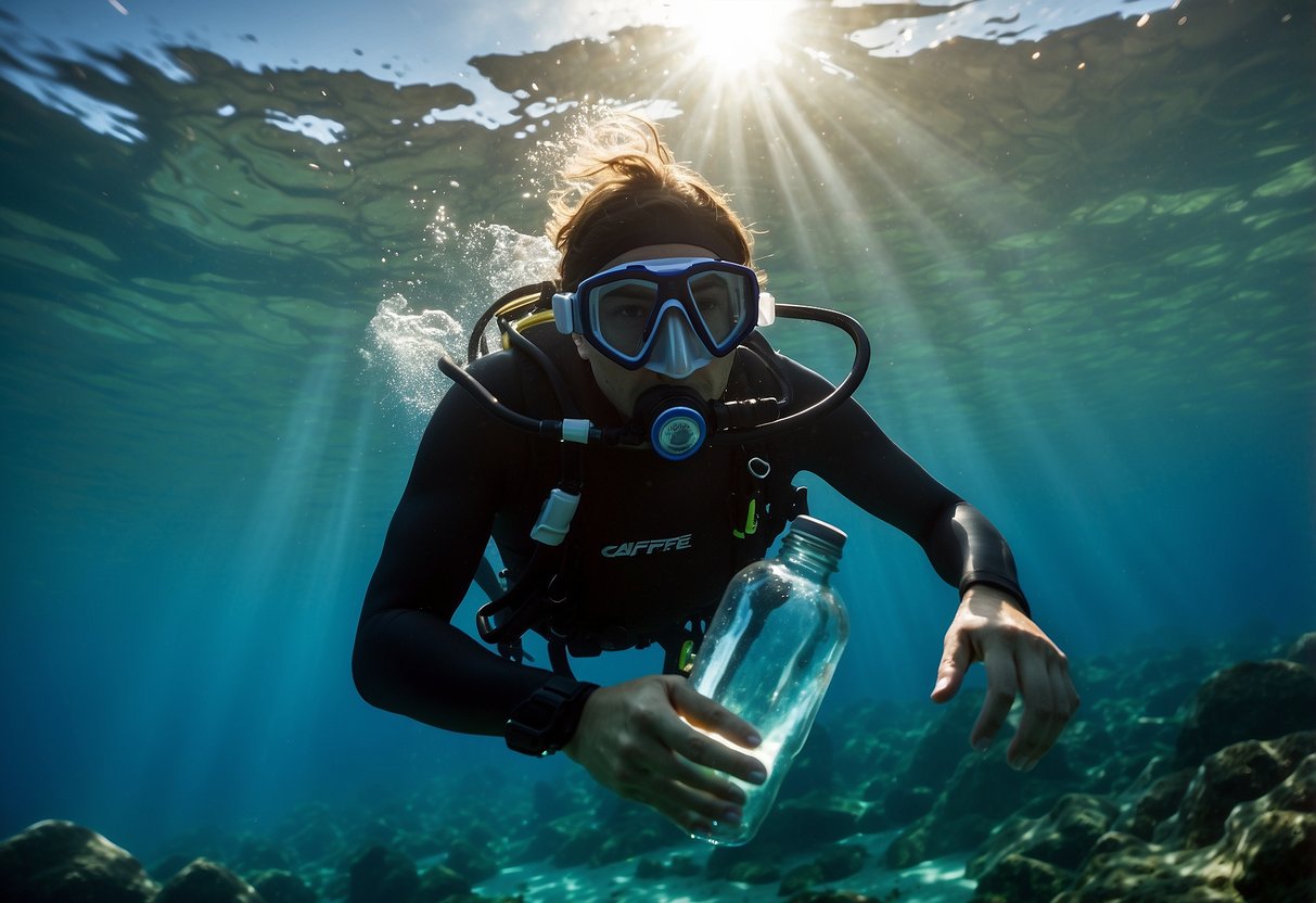 A diver surrounded by clear, blue water, holding a water bottle and avoiding caffeinated drinks. Sunlight filters through the surface, illuminating the scene