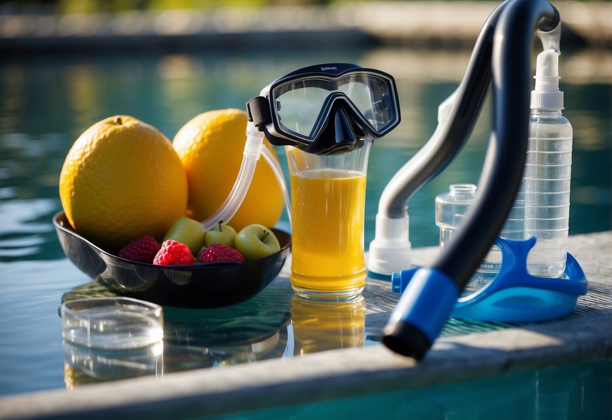 A clear glass of urine next to a diving mask and snorkel, surrounded by water bottles, fruits, and a hydration chart