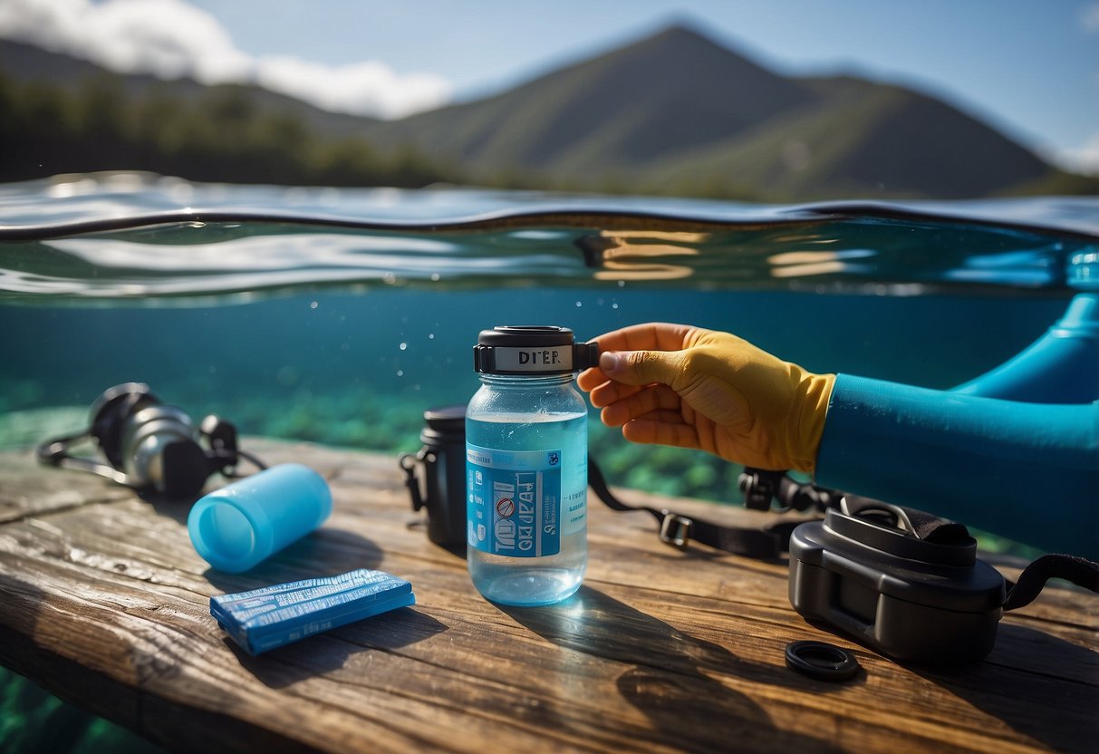 A diver's hand reaches for a bottle of electrolyte tablets next to a water bottle and diving gear, with a list of 7 tips for staying hydrated while diving in the background