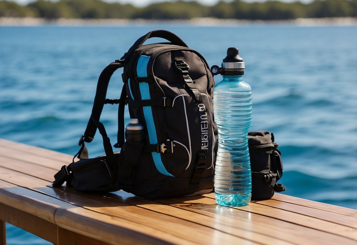 A diver's water bottle and hydration pack sit next to a diving gear on a boat deck, surrounded by ocean waves and a clear blue sky