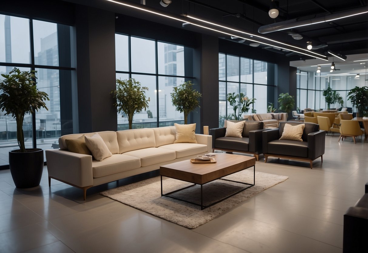 A spacious showroom with modern furniture displayed in bright lighting at Brighton Furniture Aljunied