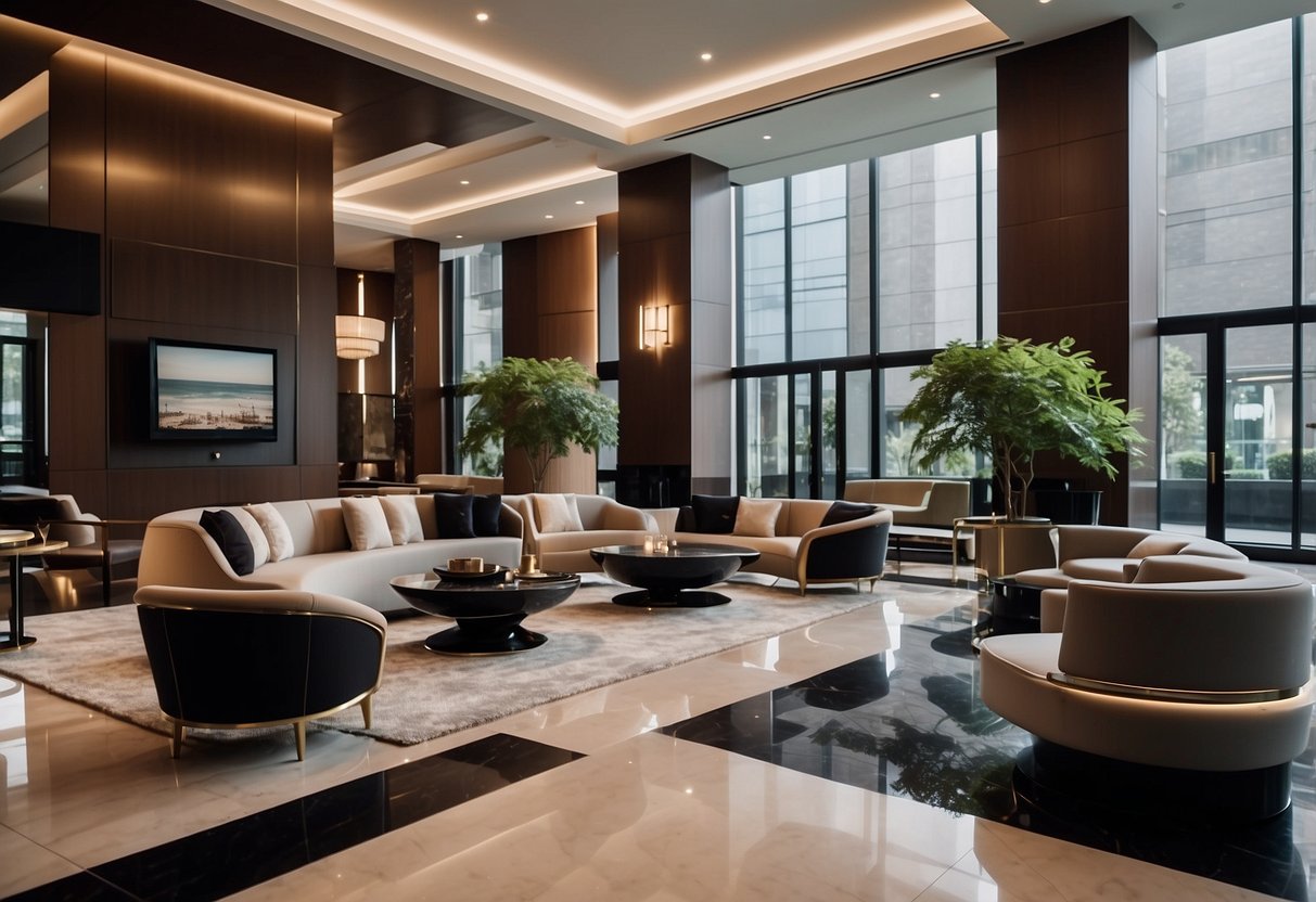 A sleek, modern hotel lobby with plush armchairs, marble coffee tables, and a sleek reception desk. The furniture is stylish and comfortable, creating a welcoming atmosphere for guests