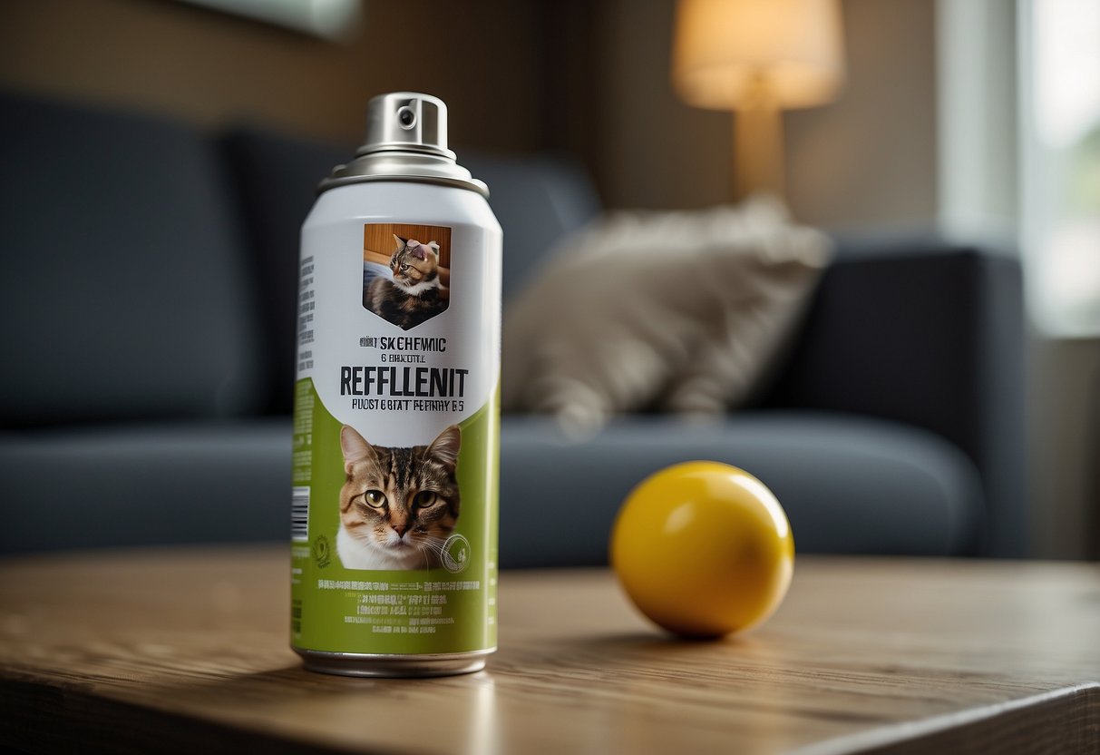 A can of cat repellent spray sits next to a scratched-up couch, with a mischievous cat lurking in the background