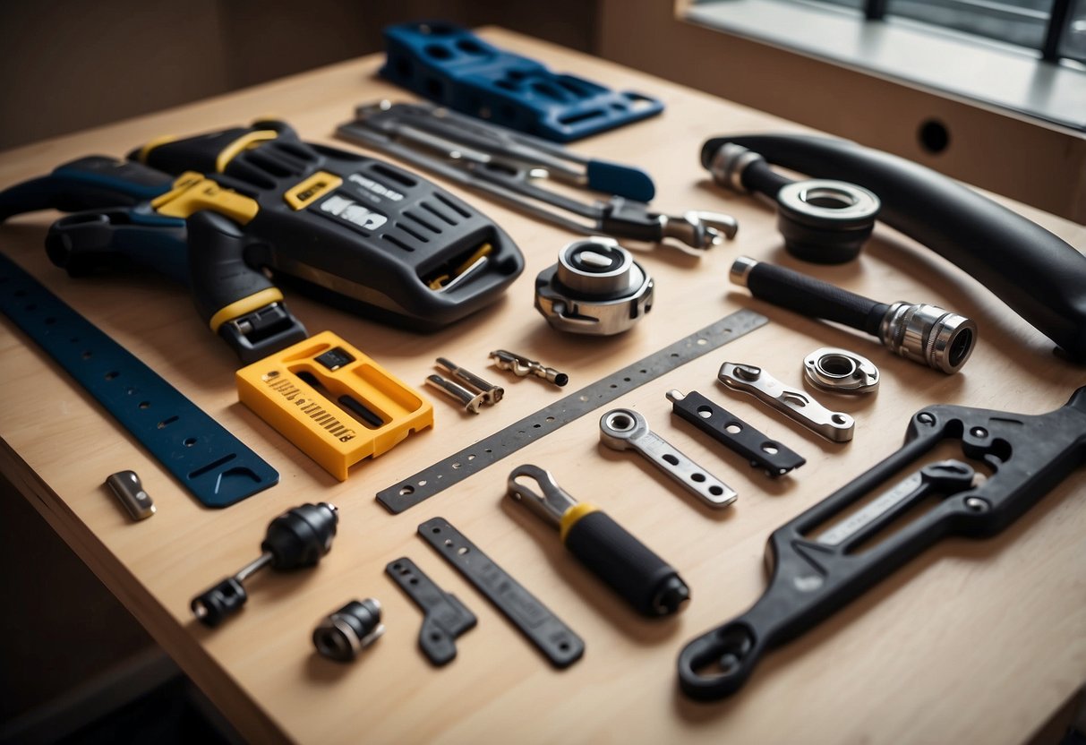 Tools and parts laid out on the floor for assembling IKEA furniture. Instructions and pieces organized for easy access