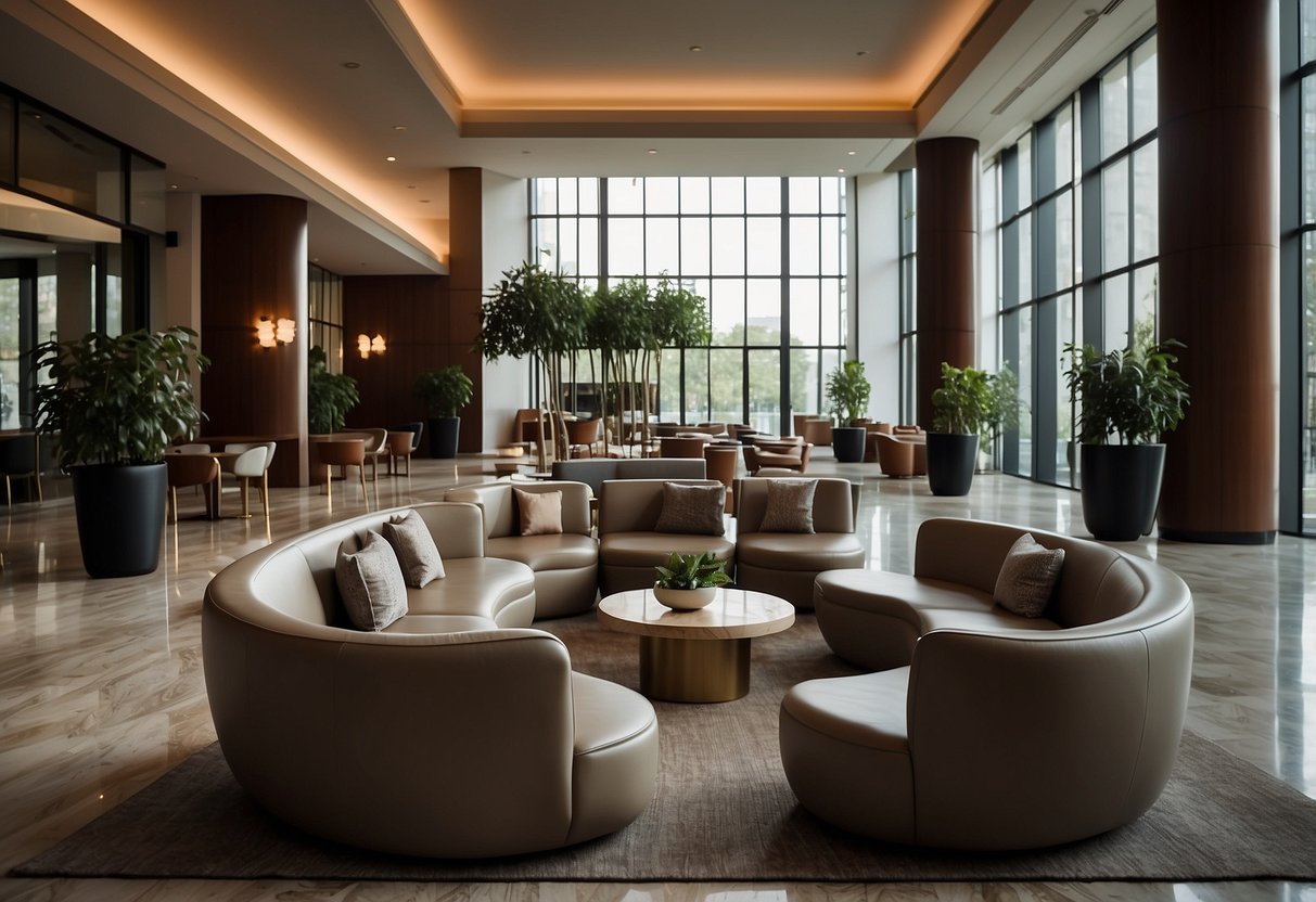 A hotel lobby with modern contract furniture, including sleek sofas, minimalist coffee tables, and contemporary armchairs arranged in a welcoming and stylish layout