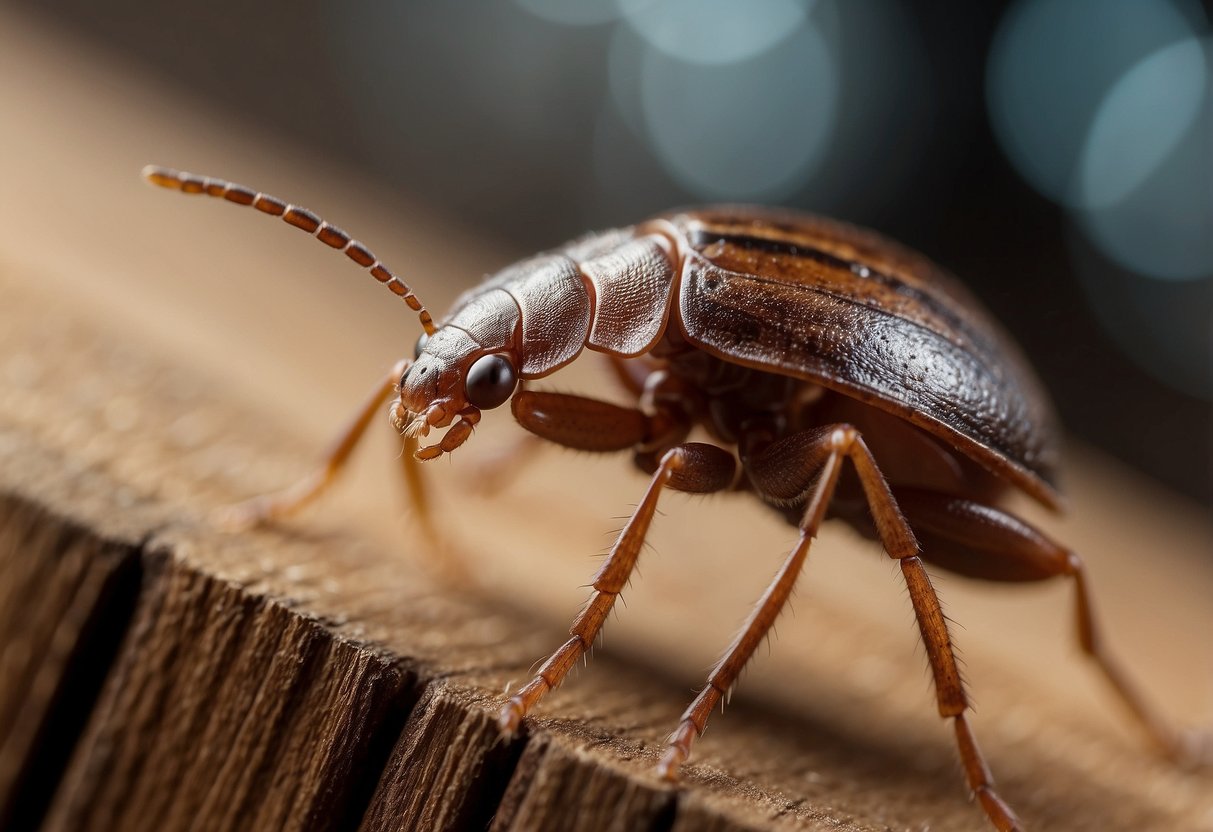 A close-up of a bed bug crawling on a wooden chair, with visible bite marks on the surface