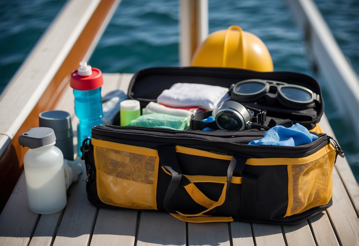 A diving bag open on a boat deck, revealing 10 first aid items: bandages, antiseptic wipes, scissors, gloves, CPR mask, and more