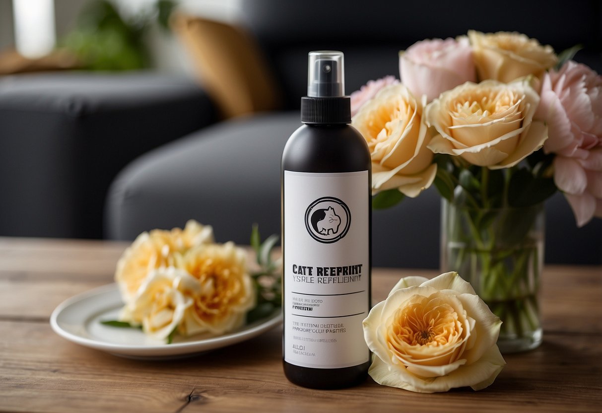 A bottle of cat repellent spray sits on a wooden table next to a vase of flowers and a sofa with claw marks
