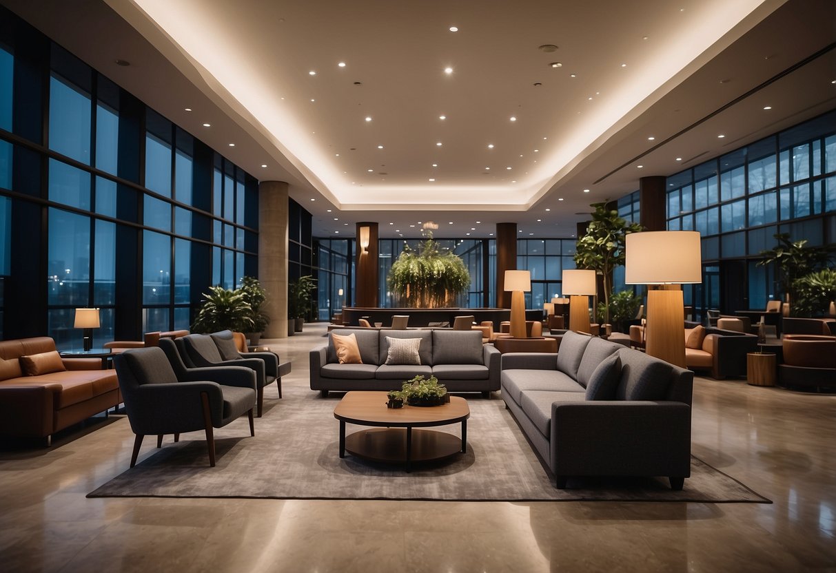 A hotel lobby with modern furniture arranged in an organized and efficient manner, showcasing the seamless logistics and management of the contract furniture
