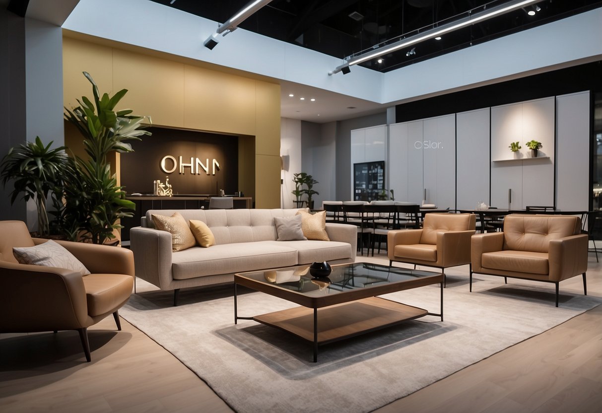 A spacious showroom with modern furniture displays in Brighton Furniture, Aljunied. Bright lighting and clean lines create a sleek and inviting atmosphere
