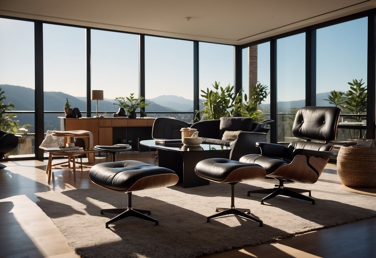 A modern living room with iconic Eames furniture: a lounge chair, ottoman, and molded plywood chairs around a sleek dining table