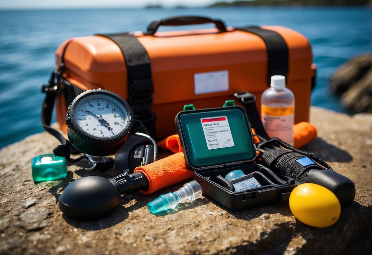 An AquaLung underwater signaling device sits among 10 essential first aid items for scuba diving, including a first aid kit, oxygen tank, and emergency whistle