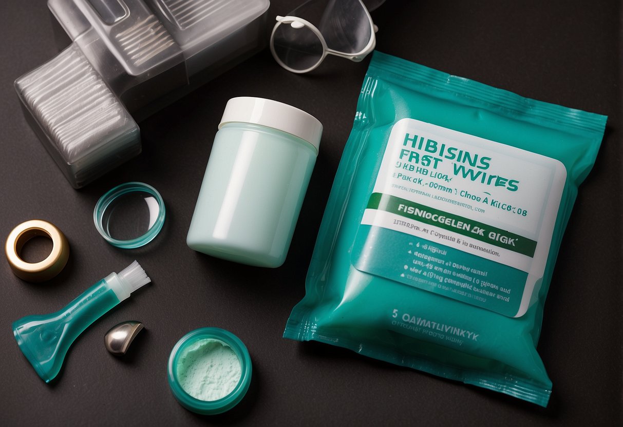 A pack of Hibiclens antiseptic wipes surrounded by scuba diving first aid items