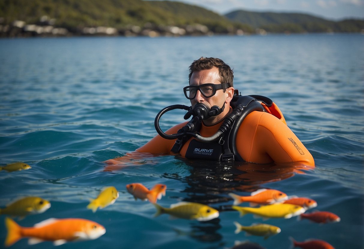 A scuba diver floats in the ocean, surrounded by colorful coral and fish. They hold an emergency blanket by Survive Outdoors Longer, along with other essential first aid items, ready for any underwater emergency