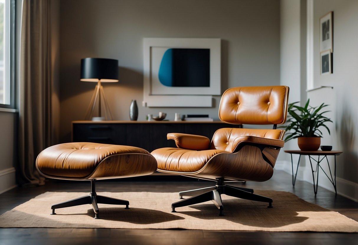 A modern living room with iconic Eames furniture: lounge chair, ottoman, and molded plywood chairs. Clean lines, vibrant colors, and timeless design