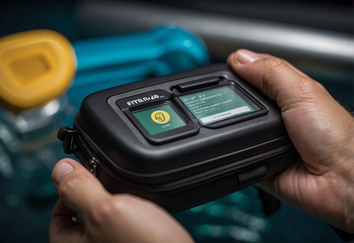 A hand reaches for a pressure dressing from a first aid kit, with a scuba diving equipment in the background