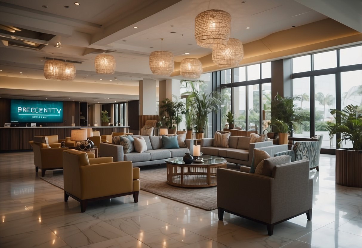 A hotel lobby with modern, comfortable furniture arranged in a welcoming and spacious layout, with a prominent sign displaying "Frequently Asked Questions" for guests
