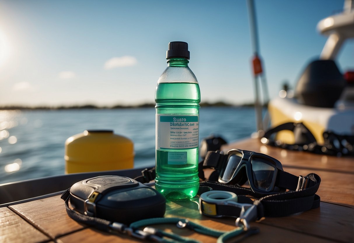 A bottle of Saline Solution sits among scuba gear and first aid items on a boat deck