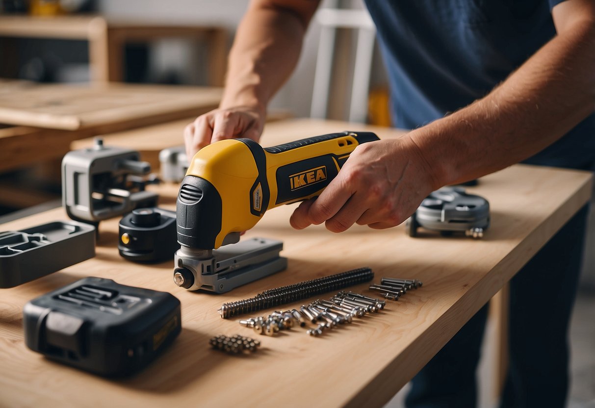 A person assembling IKEA furniture using a drill while referring to a Frequently Asked Questions guide