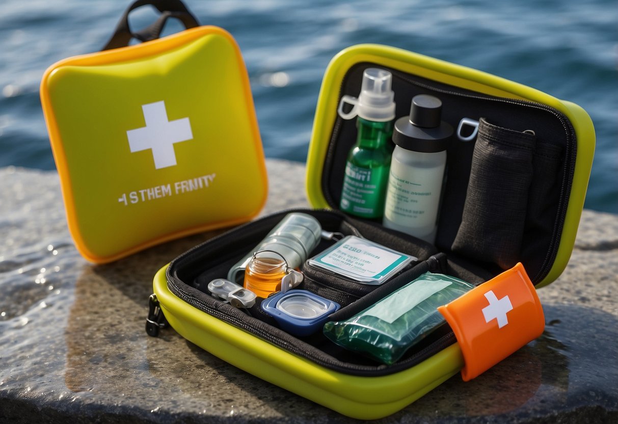 A scuba diver's first aid kit includes a thermal blanket by S.O.L Survive Outdoors Longer. The shiny, reflective material is compact and essential for treating hypothermia or shock