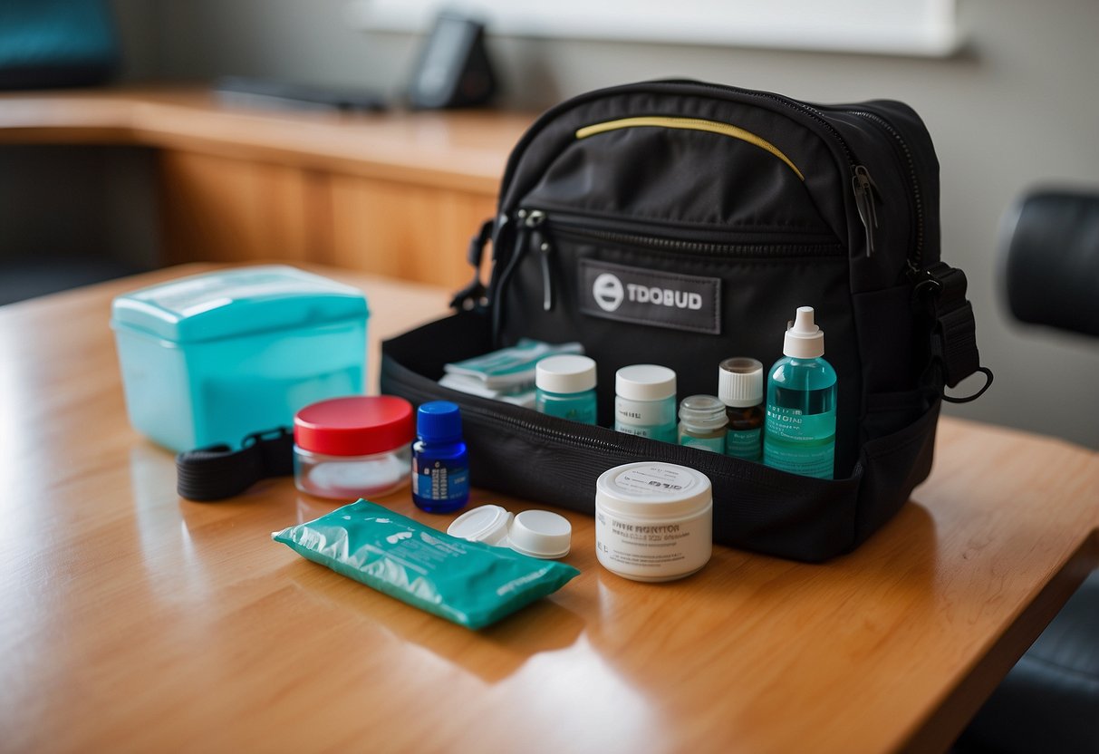 A scuba diver's first aid kit includes DripDrop rehydration salts among other essential items