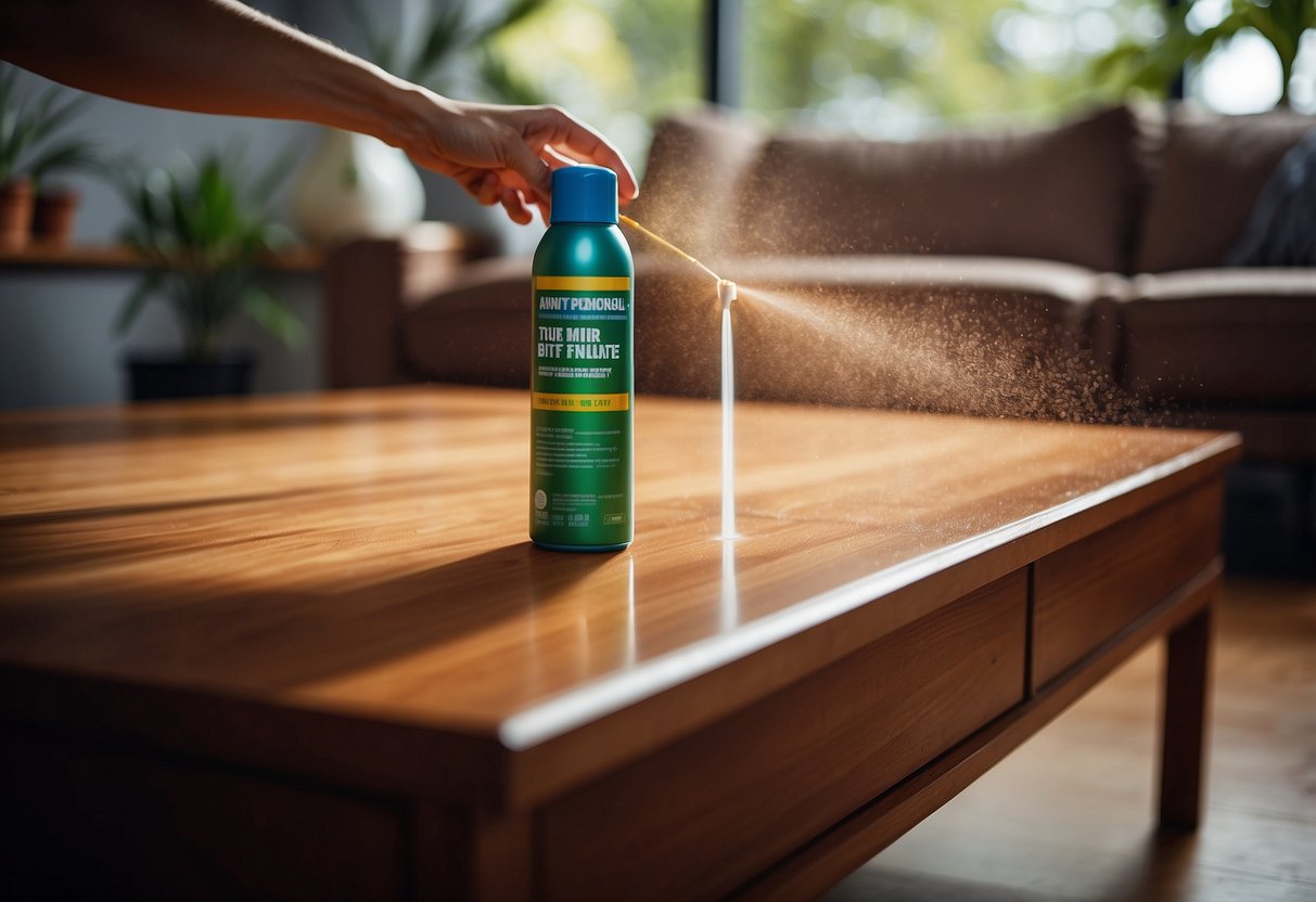 A person spraying insect repellent on furniture to prevent bug bites