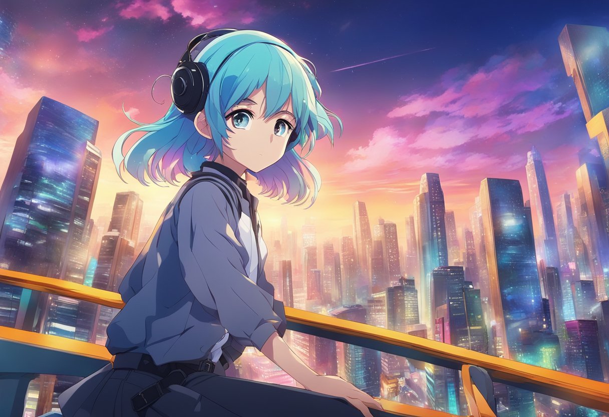 A vibrant anime character with big, expressive eyes, colorful hair, and a dynamic pose against a futuristic cityscape backdrop