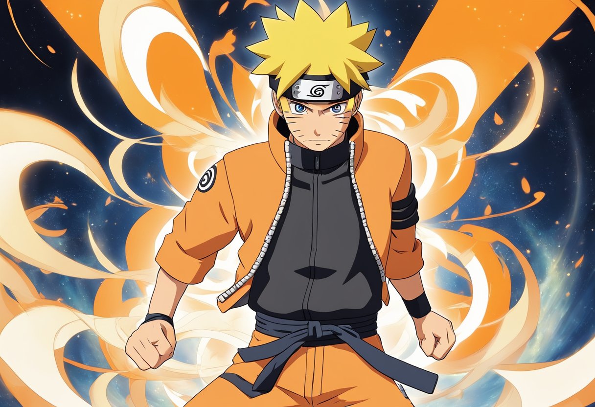 Naruto Uzumaki standing in a dramatic pose, surrounded by swirling orange chakra