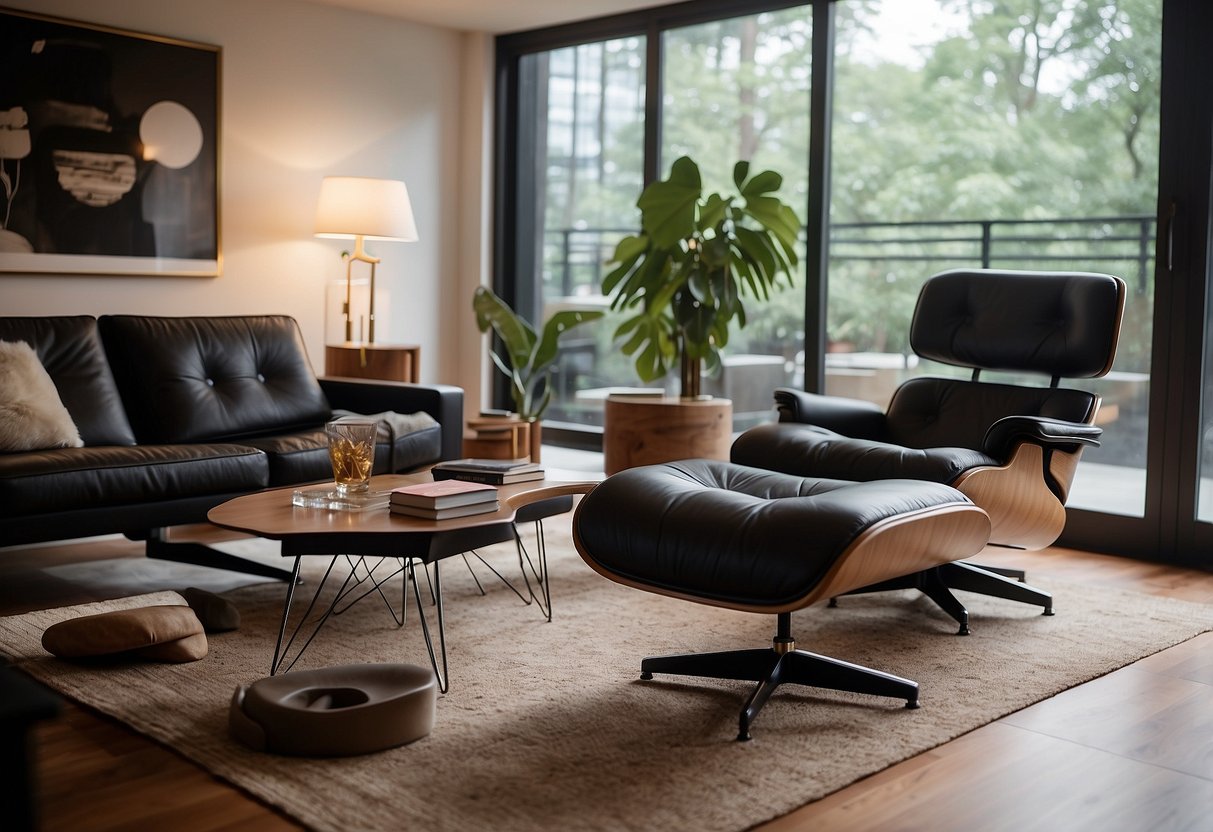 A modern living room with iconic Eames furniture: lounge chair, ottoman, and molded plywood dining chairs around a sleek table